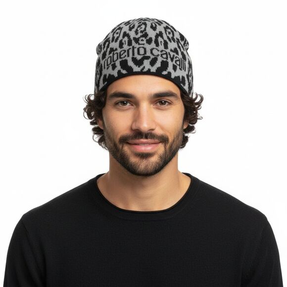 Roberto CavalliESZ026 D0060 Black/Grey Jaguar Beanie Hat